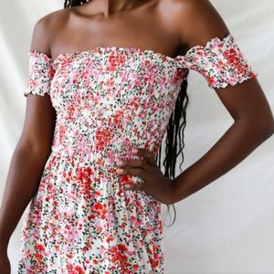 Lulu's Floral Off-Shoulder Midi Dress - Red and Pink